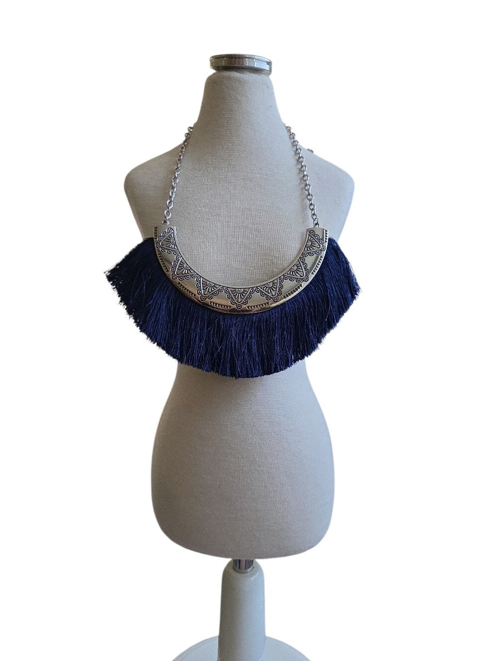 Silver Toned Boho Navy Fringe Statement Necklace